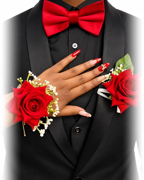 A red rose corsage and boutonniere worn with a black tuxedo and red bow tie