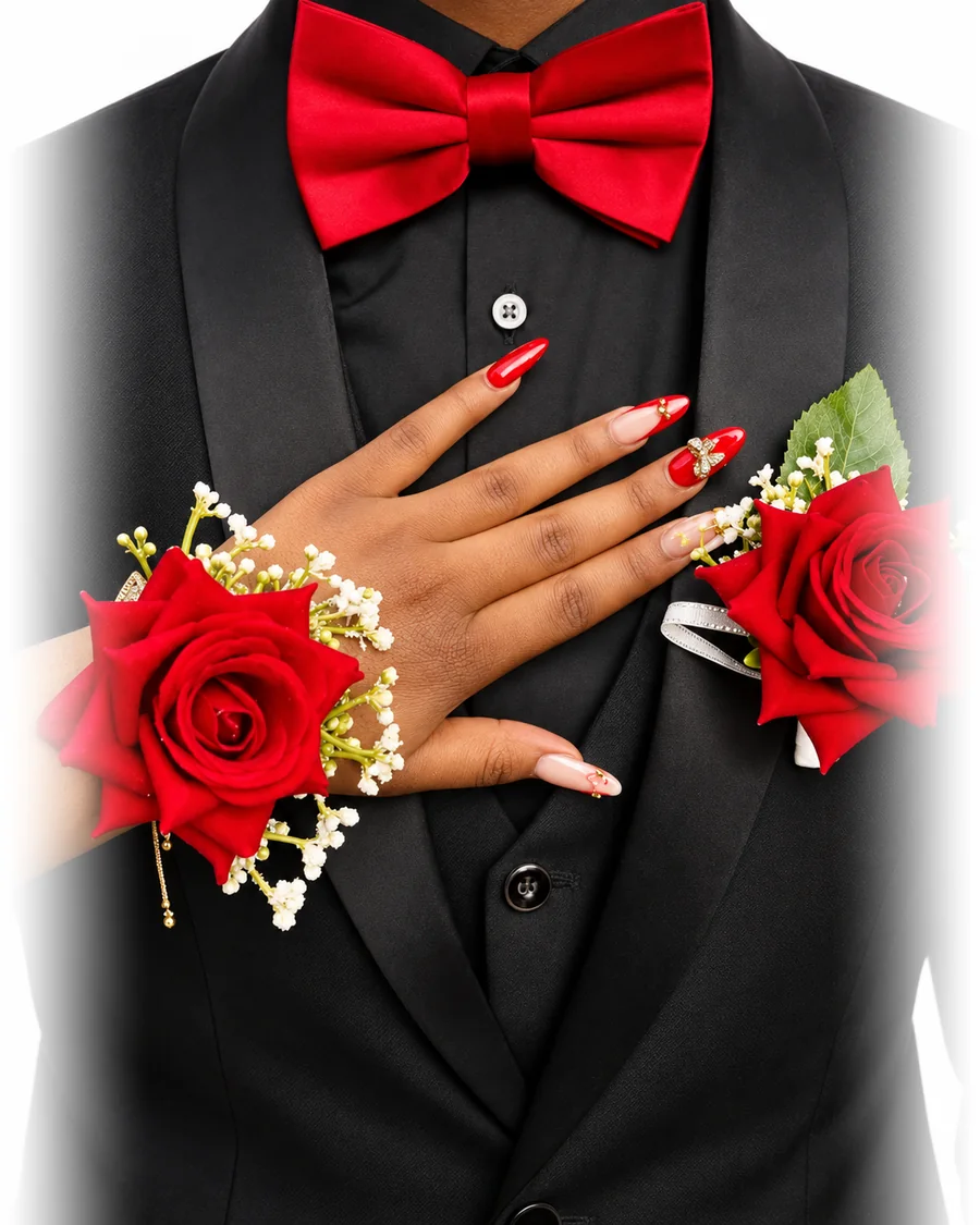 A red rose corsage and boutonniere worn with a black tuxedo and red bow tie